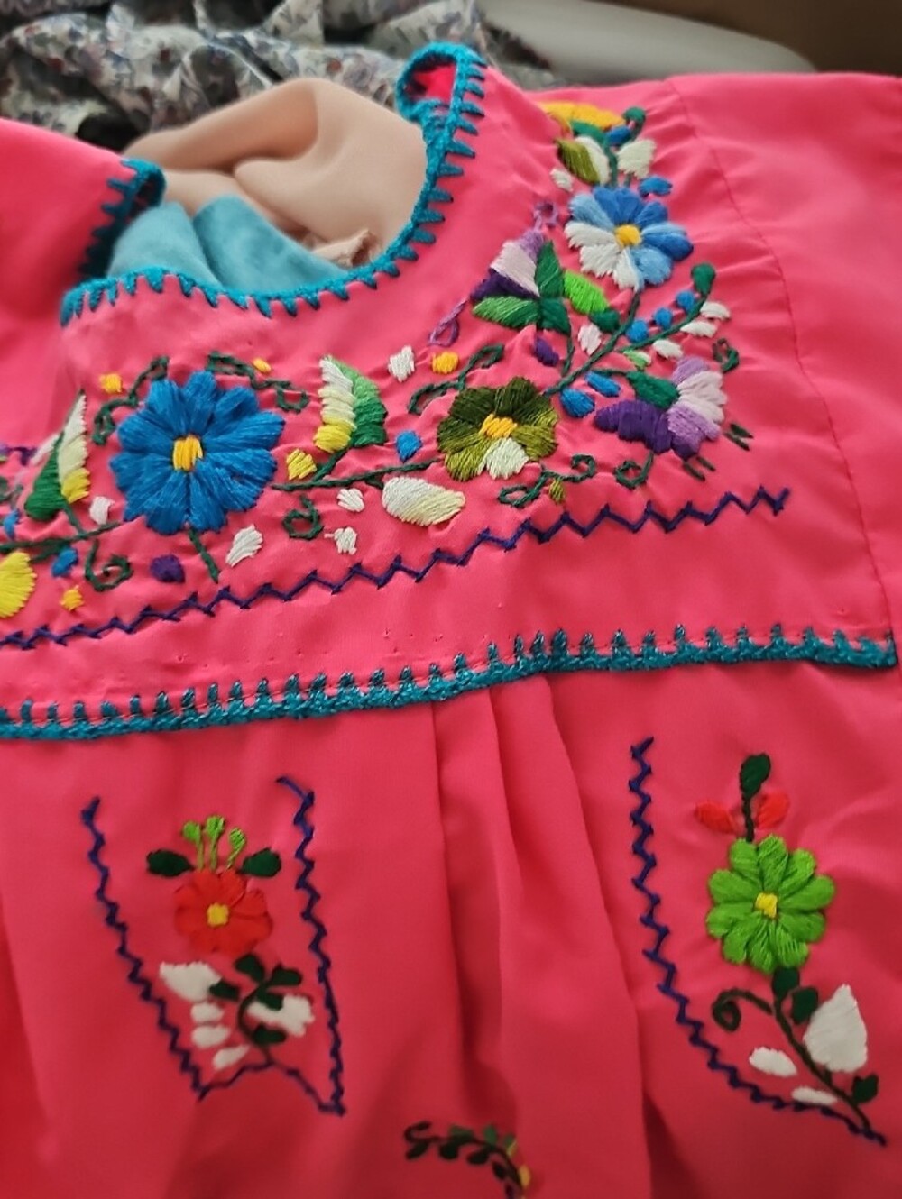 Hand-Embroidered Girl's Pink Mexican Dress - Picture 6 of 8